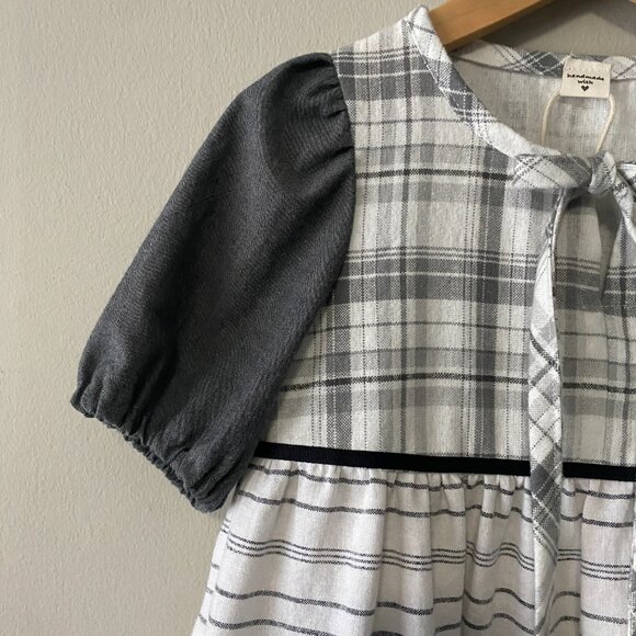 Handmade Children's 100% Cotton Grey White Plaid Ribbon Detail Dress - Picture 5 of 13